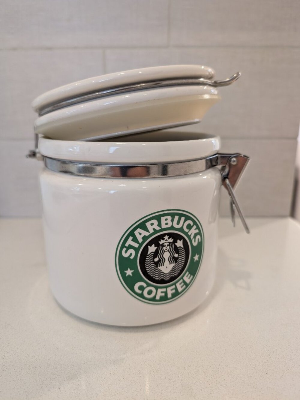 Ceramic Starbucks Coffee Canister w/Metal Clamp Lid